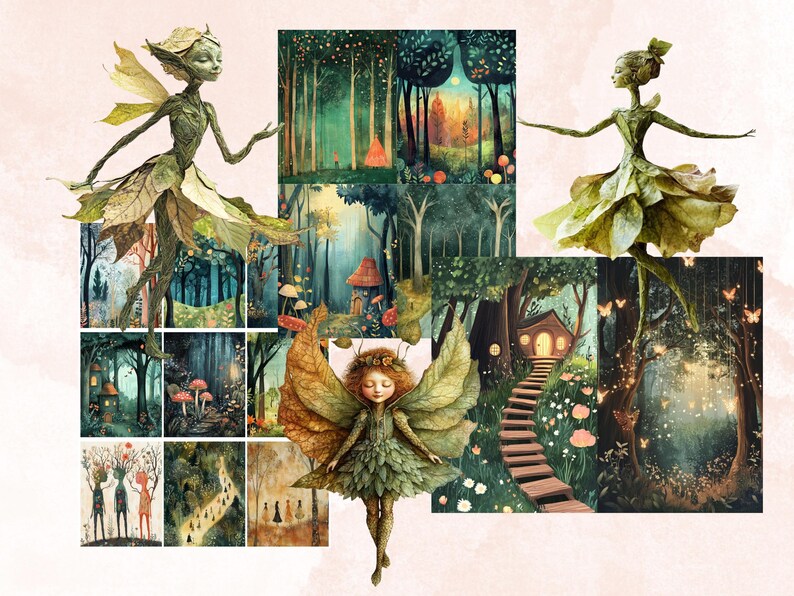Whimsy Forest Collage Elements Kit, Whimsical Surreal Woodland Fussy Cut, Quirky Weird People Clipart, Junk Journal, Clipart Background
