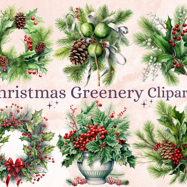 35 PNG Watercolor Christmas Greenery Clipart, Merry Christmas Botanical Clip art, Winter Arrangement Graphic png, Xmas Noel Sublimation
