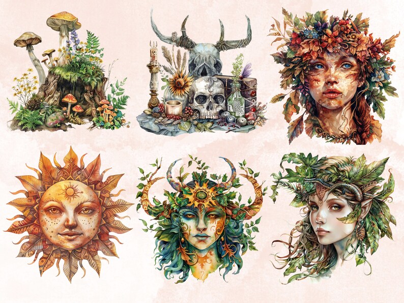 60 PNG Watercolor Litha Clipart, Floral Pagan Holiday Wiccan Art Illustrations Clip art, Summer Solstice png, Litha Sun Goddess Sublimation