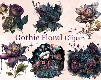 20 PNG Aquarell Gothic Blumen Clipart, magische Gothic Blumen Clip Art, Dark Fairytale Fantasy PNG digitale Bild Downloads, Gothic Rosen