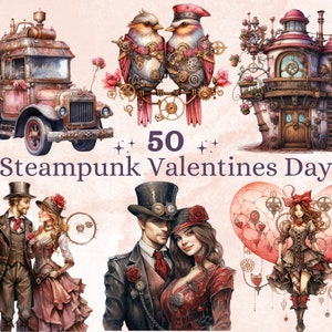 50 PNG Aquarell Steampunk Valentinstag Clipart, Blumen Valentinstag Herzen Illustrationen Clip art, süße Liebe Paar Png Sublimation