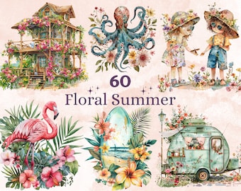Può includere: Un set di 60 illustrazioni ad acquerello con una varietà di temi estivi, tra cui una casa sulla spiaggia, un fenicottero rosa, un polpo, una tavola da surf, un camper e due bambini. Le illustrazioni sono tutte in uno stile fantasioso e presentano colori vivaci e dettagli floreali.