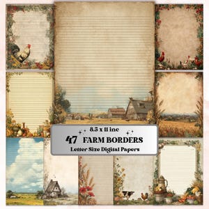 May include: A collection of 47 digital farm borders, letter size, with a vintage aesthetic. The designs feature illustrations of farm animals, landscapes, and floral elements. The paper size is 8.5 x 11 inches.