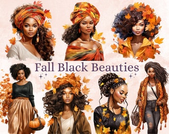 42 PNG Watercolor Fall Black Beauties Clipart Bundle,  Autumn Afro Illustrations Clip art, Fall Woman png, Autumn African Girl Sublimation