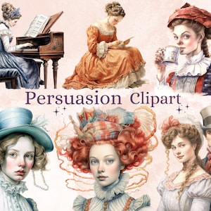 47 PNG Watercolor Persuasion Clipart, Jane Austen png, Fairytale Clipart, Victorian Regency Era PNG Clipart, Jane Austen Character Bundle