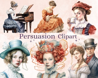 47 PNG Watercolor Persuasion Clipart, Jane Austen png, Fairytale Clipart, Victorian Regency Era PNG Clipart, Jane Austen Character Bundle