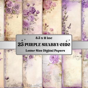 Paarse Shabby Chic Junk Journal Paper Pack, Vintage Shabby Chic Ephemera Kit, Romantisch Scrapbook Papier, Afdrukbare Floral Roses Digitale Pagina's