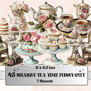 Shabby Chic Fussy Cut Pages, Floral Tea Party Fussy Cut Ephemera Sheet, Tea Time Journal Add On Kit, Shabby Floral Mixed Media Collage Sheet