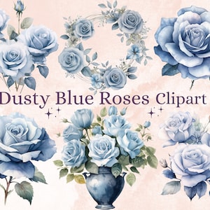 33 PNG Watercolor Dusty Blue Roses Clipart Bundle, Blush Blue PNG Clip Art, Light Roses Bouquet Clipart, Pastel Floral Flowers PNG Clipart