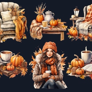 34 PNG Watercolor Cozy Fall Clipart, Cozy Autumn Reading Corner Illustrations Clip art, Floral Boho Fall Nook png, Autumn Decor Sublimation