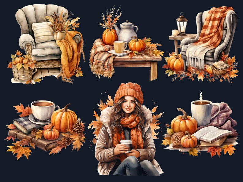 34 PNG Watercolor Cozy Fall Clipart, Cozy Autumn Reading Corner Illustrations Clip art, Floral Boho Fall Nook png, Autumn Decor Sublimation