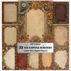 Könnte beinhalten: Eine Sammlung von 53 digitalen Papierrändern im Steampunk-Stil. Die Designs zeigen verzierte Rahmen mit Zahnrädern, Uhren und floralen Akzenten in Braun-, Gold- und Beigetönen. Das Papierformat beträgt 21,59 x 27,94 cm.