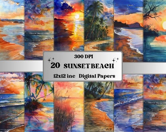 Watercolor Sunset Beach Scenes Digital Paper, Printable Sunset Seascape Background, Ocean Waves Landscape Pages, Summer Coastal Backdrop
