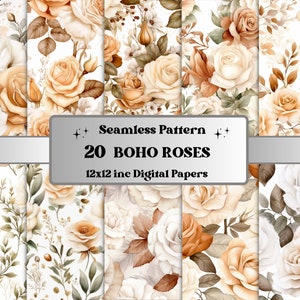 Carta digitale senza cuciture Boho Roses, elegante Boho Rose Seamless Pattern Set, Boho Collage Paper Pack, Boho Scrapbooking Junk Journal Kit