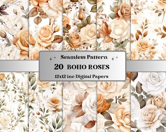 Seamless Boho Roses Digital Paper, Elegant Boho Rose Seamless Pattern Set, Bohemian Collage Paper Pack, Boho Scrapbooking Junk Journal Kit