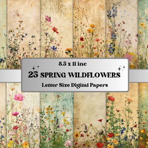Papier numérique imprimable fleurs sauvages printanières, collage prairie florale, pages fleurs printanières, carnet de voyage fleurs sauvages, scrapbooking, fabrication de cartes