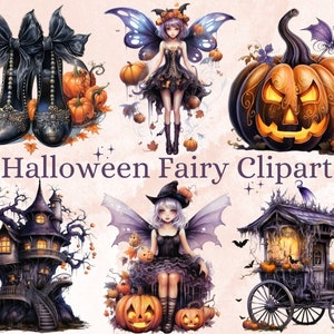 33 PNG aquarel Halloween Fairy clipart, pompoen bos Fairy illustraties illustraties, Dark Fantasy png, sprookjesachtige Halloween sublimatie