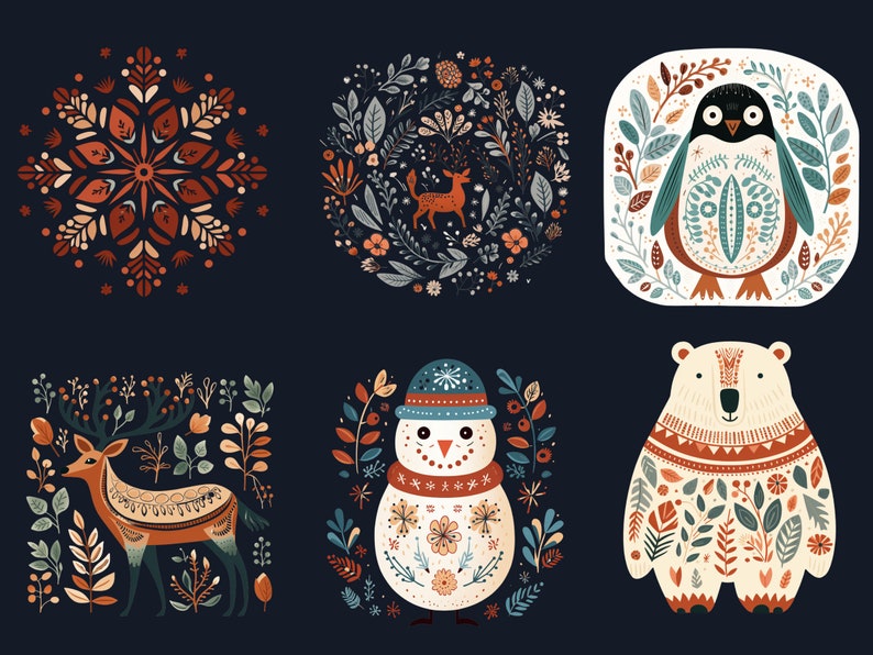 58 PNG Watercolour Scandinavian Winter Clipart, Snowy Winter Folk Art Illustrations Clip art, Winter Holiday png, Nordic Christmas Ornaments