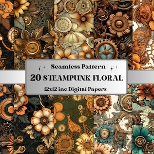 May include: A set of 20 digital papers featuring a steampunk floral design. The papers are 12x12 inches and feature intricate patterns of gears, flowers, and other steampunk elements in shades of brown, gold, and teal.