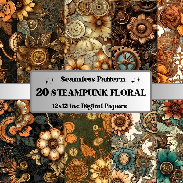 Seamless Steampunk Floral Digital Paper, Steampunk Flowers Seamless Pattern, Steampunk Roses Collage Paper Pack, Steampunk Junk Journal kit