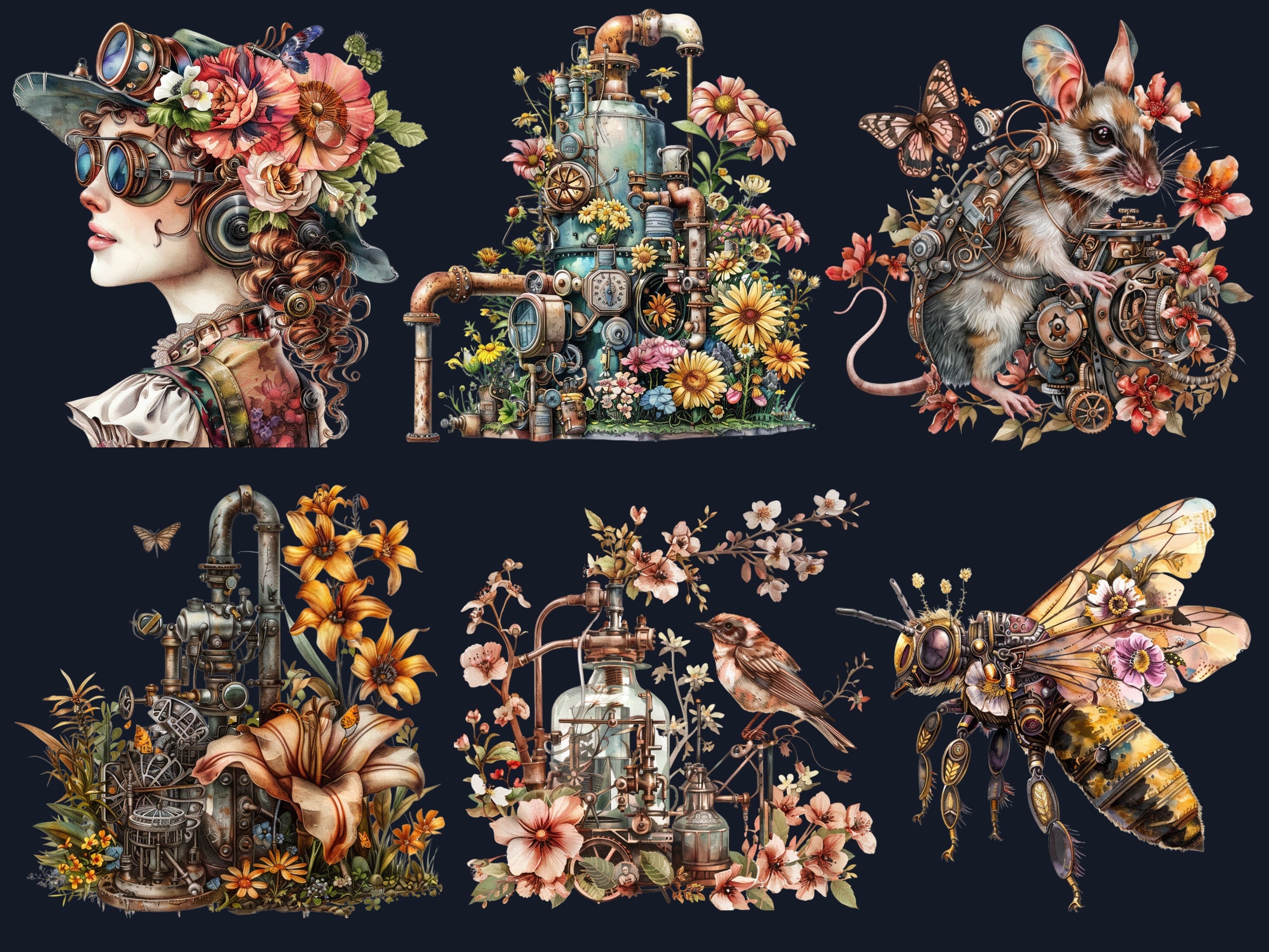 Steampunk Spring Computer Background 60 PNG Watercolor Steampunk Spring Clipart, Floral Spring Illustrations ...
