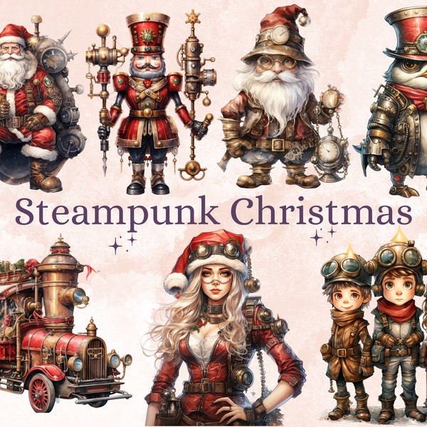 45 PNG Watercolour Steampunk Christmas Bundle Clipart, Clockwork Christmas Illustration Clip art, Winter Holiday png, Xmas Noel Ornaments