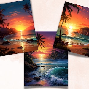 May include: Three art prints showing a tropical beach scene at sunset. The artwork uses a vibrant palette of orange, yellow, blue, and purple. Palm trees, waves, and rocky cliffs are visible. The prints are displayed at different angles.