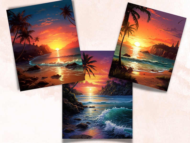 May include: Three art prints showing a tropical beach scene at sunset. The artwork uses a vibrant palette of orange, yellow, blue, and purple. Palm trees, waves, and rocky cliffs are visible. The prints are displayed at different angles.