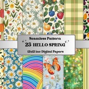 Papier numérique sans couture Bonjour printemps, motif botanique sans couture de printemps, fond de fleurs de Pâques, motif jardin de printemps, papier de scrapbooking