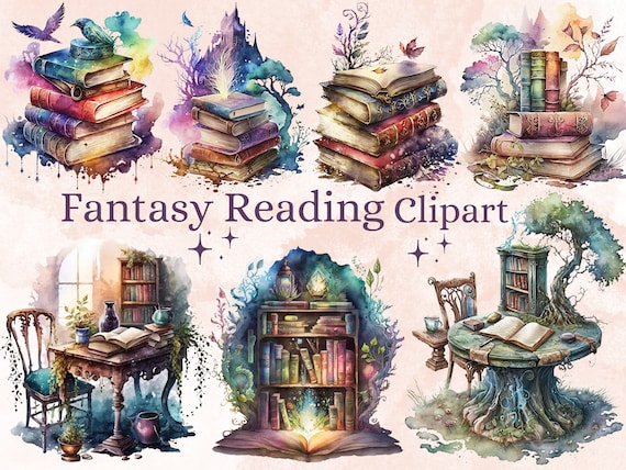 PNG Watercolor Fantasy Books Clipart, Open Book Clip Art, Book Bundle PNG,  vintage books stacklibrary clip art, old books, Magic Books