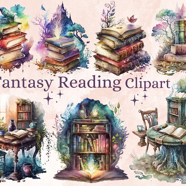 33 PNG Watercolour Fantasy Reading Clipart, Fantasy Books Clip Art, Magical Books png bundle, Cozy, Bookworm bundle, reading corner clipart