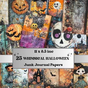 Whimsical Halloween Mixed Media Paper, Creepy Double Pages Ephemera Kit, Halloween Collage Scrapbook Paper, Printable Horizontal Pages
