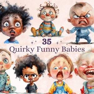 50 PNG aquarelle bébés excentriques Bundle Clipart, Illustrations fantaisistes de bébé Clip art, émotions drôles de bébé mignon png, sublimation originale