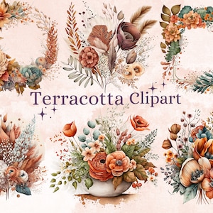27 PNG Aquarel Terracotta Bloemen Clipart, Herfst bloemen, Boho Flower PNG, Rustiek Koper Oranje Boho Clipart PNG, Terracotta Floral Pack