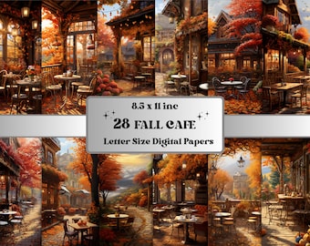 Printable Cozy Fall Cafe Digital Paper, Autumn Interior Background, Cafe Scenes Pages, Download Junk Journal, Scrapbooking, Card Making