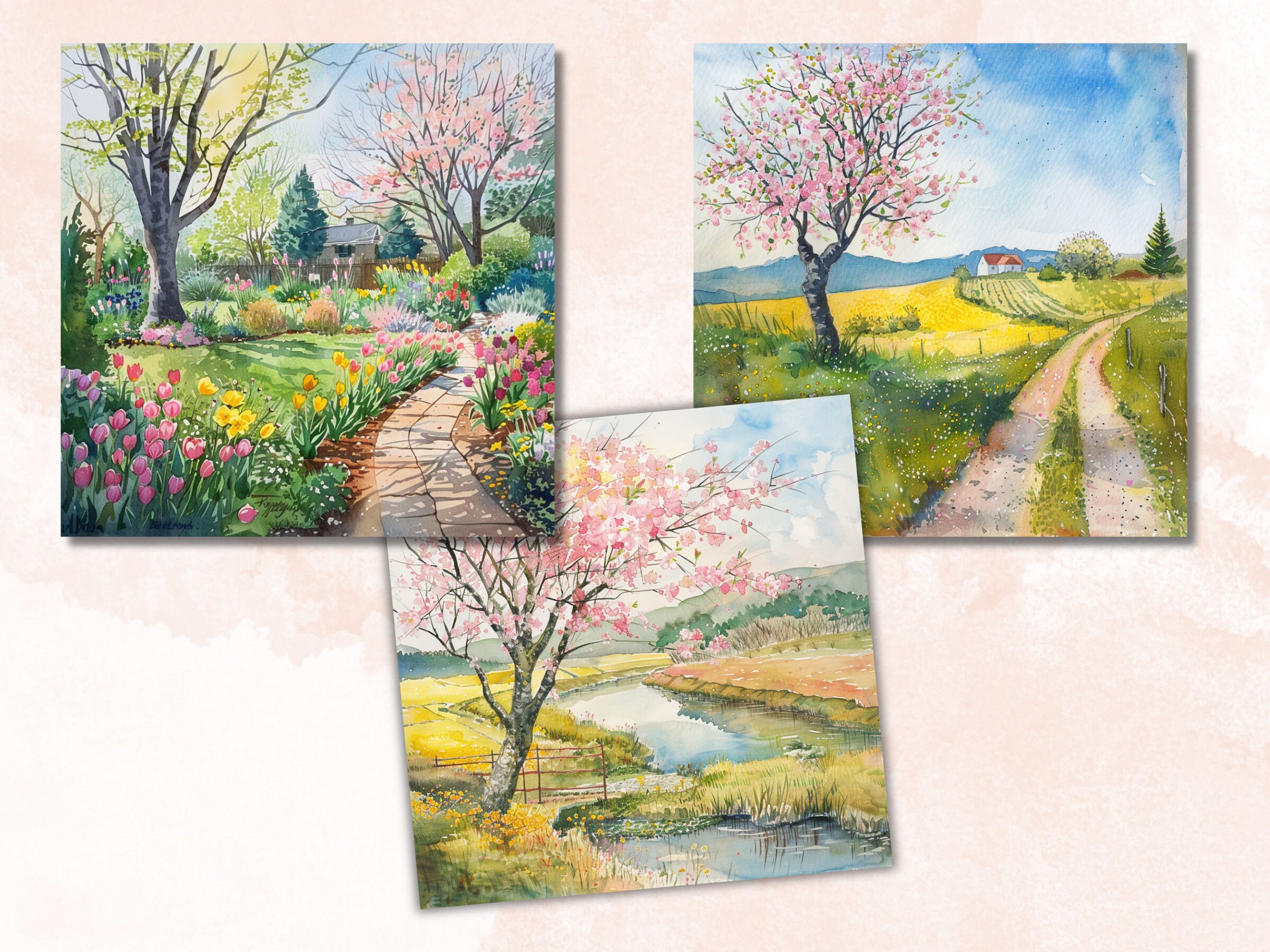 Printable Watercolor Spring Landscapes Digital Paper, Spring Woodland ...