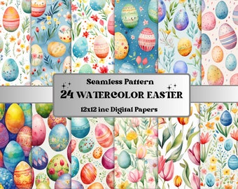 Seamless Watercolor Easter Digital Paper, Easter Tulips Seamless Pattern, Spring Flowers Background, Easter Eggs Pattern, Scrapbook Paper