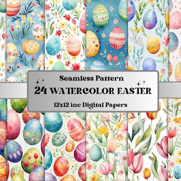 Seamless Watercolor Easter Digital Paper, Easter Tulips Seamless Pattern, Spring Flowers Background, Easter Eggs Pattern, Scrapbook Paper