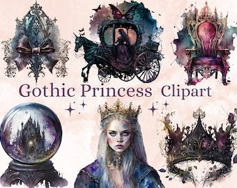 26 PNG Watercolor Gothic Princess Clipart, Princess Clip Art Watercolour Bundle, Gothic Clip art png, Dark Fairytale Fantasy PNG Bundle