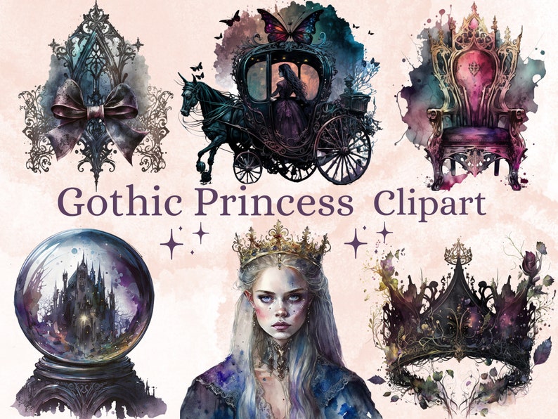 26 PNG Watercolor Gothic Princess Clipart, Princess Clip Art Watercolour Bundle, Gothic Clip art png, Dark Fairytale Fantasy PNG Bundle