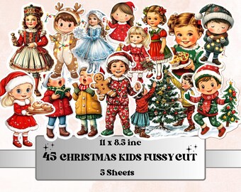 May include: 45 Christmas kids fussy cut stickers on 5 sheets. The stickers feature children in various Christmas outfits, including a gingerbread man, a reindeer, and a Santa hat. The stickers are 11 x 8.5 inches.