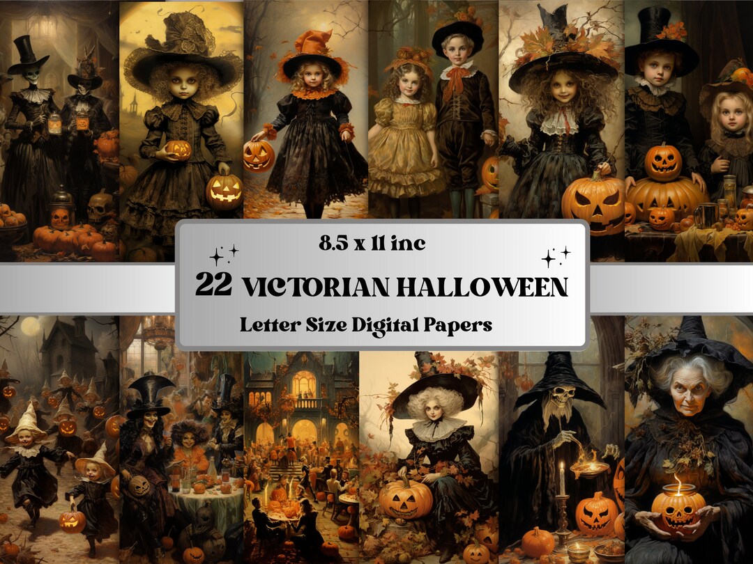 Printable Victorian Halloween Digital Paper, Retro Halloween Ephemera ...