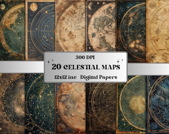May include: A set of 20 digital paper designs featuring celestial maps with a vintage aesthetic. The maps are in shades of blue, gold, and brown, with stars and constellations depicted. The text "300 DPI 20 CELESTIAL MAPS 12x12 inc Digital Papers" is displayed on a banner.