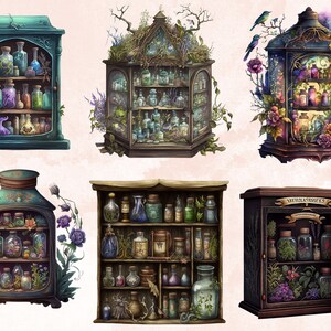 20 PNG Watercolor Witches Apothecary Cabinet Clipart, Wiccan png, magic clip art, mystical clipart, witchcraft png clipart, Potion clipart