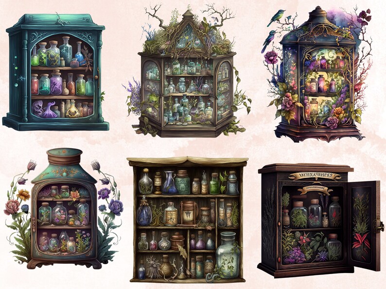 20 PNG Watercolor Witches Apothecary Cabinet Clipart, Wiccan png, magic clip art, mystical clipart, witchcraft png clipart, Potion clipart