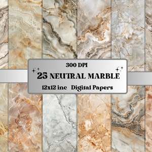 Puede incluir: 25 papeles digitales con texturas de mármol neutras en tonos beige, marrón y gris. Cada papel mide 30,5 x 30,5 cm y 300 DPI.