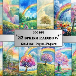 Aquarell Frühling Regenbogen Szenen Digitales Papier, Printable Frühling Landschaft Junk Journal Kit, Fantasy Regenbogen Hintergrund, Aquarell Texturen