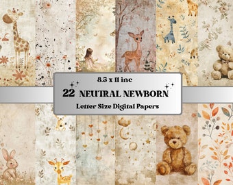 May include: A set of 22 digital papers featuring a neutral color palette with illustrations of animals, including a giraffe, deer, bear, rabbit, and a moon and stars design. The papers are 8.5 x 11 inches and are perfect for scrapbooking, card making, and other crafting projects.