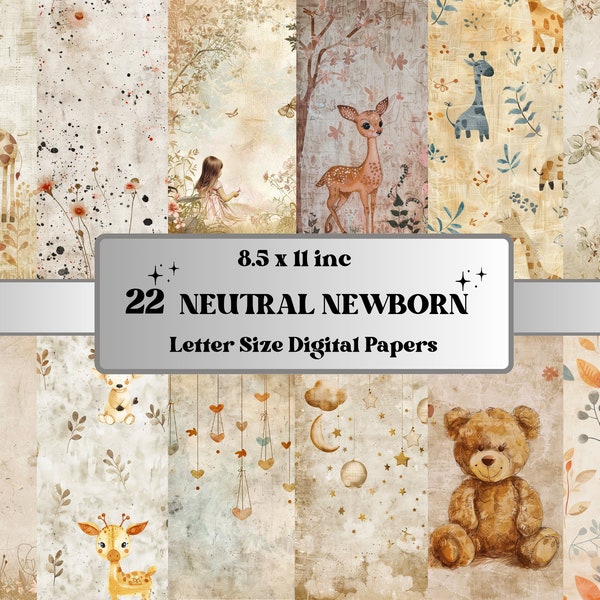 Neutral Newborn Junk Journal Kit, Printable Nursery Digital Paper, Boho Baby Animals Ephemera Collage, Newborn Scrapbooking, Card Making