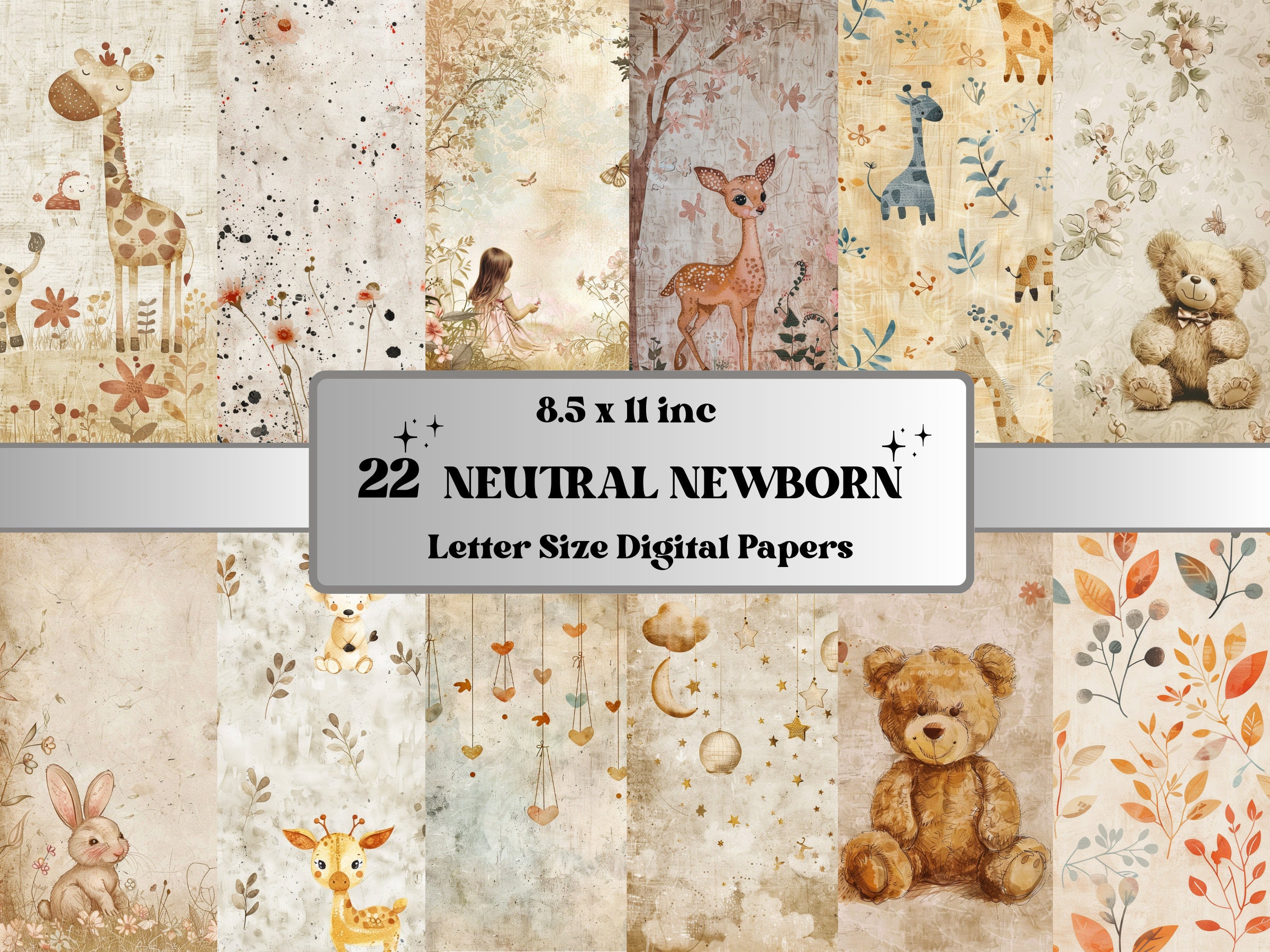 Neutral Newborn Junk Journal Kit, Printable Nursery Digital Paper, Boho ...